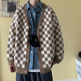 V-neck Check Oversized Knit Cardigan
