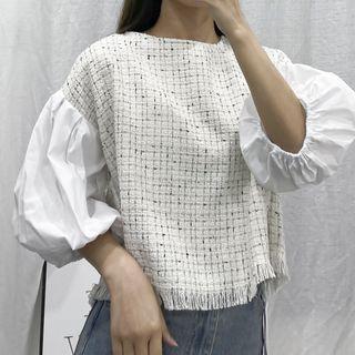Tweed Panel Fringed Trim Blouse