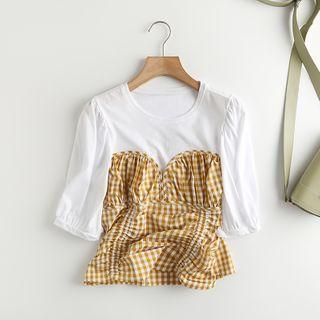 Gingham Panel Elbow-sleeve Blouse