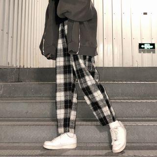 Plaid Straight Cut Pants Plaid - Black - One Size
