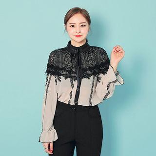Tie-front Lace-yoke Blouse