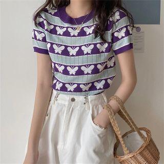 Short-sleeve Floral Printed Knit Top Purple - One Size
