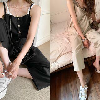 Button-trim Patch-pocket Overall Pants