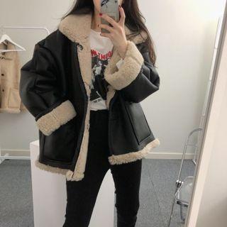 Fleece-lined Faux Leather Button-up Jacket
