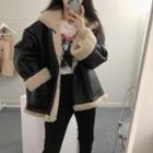 Fleece-lined Faux Leather Button-up Jacket