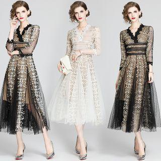 V-neck Embroidered Mesh Midi A-line Dress