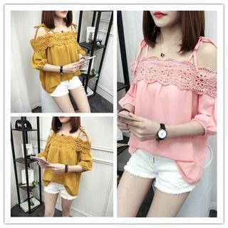 Lace Trim Elbow-sleeve Cold Shoulder Top