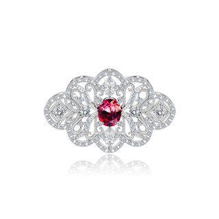 Fashion Vintage Geometric Hollow Pattern Brooch With Red Cubic Zirconia Silver - One Size