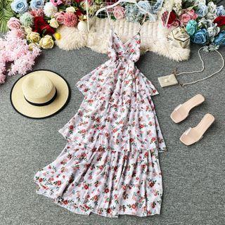 V-neck Floral Print Sleeveless Tiered Dress