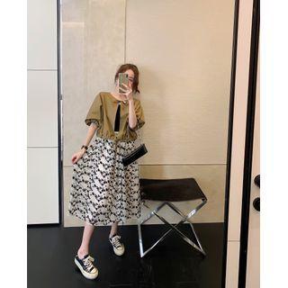 Set: Short-sleeve Cut-out Blouse + Flower Print Midi A-line Skirt + Camisole Top