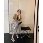 Set: Short-sleeve Cut-out Blouse + Flower Print Midi A-line Skirt + Camisole Top