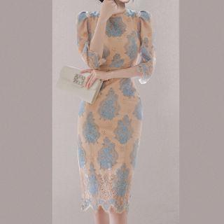 3/4-sleeve Print Midi Lace Dress