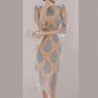 3/4-sleeve Print Midi Lace Dress