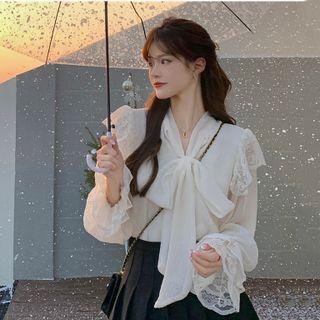Flared-cuff Lace Trim Ruffled Blouse Off-white - One Size