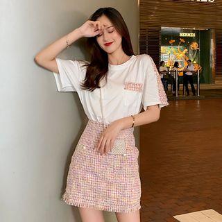 Elbow-sleeve Tweed Paneled T-shirt / A-line Mini Skirt
