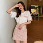 Elbow-sleeve Tweed Paneled T-shirt / A-line Mini Skirt