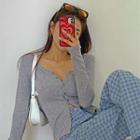 Padded-shoulder Scoop-neck Cardigan