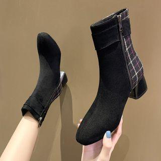 Block Heel Plaid Panel Short Boots