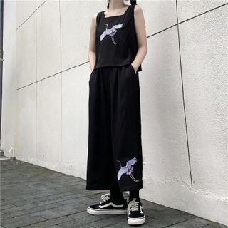 Crane Embroidered Crop Tank Top