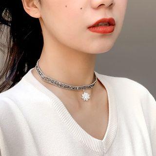 Rhinestone Snowflake Choker Zircon - Flower - Platinum - One Size
