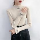 Bell-sleeve Mock Neck Letter Embroidered Knit Top