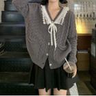 Lace Trim Ribbon Pointelle Knit Cardigan / Pleated Mini A-line Skirt