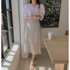 Puff Sleeve V-neck Ruched Blouse / Floral Print Chiffon Skirt