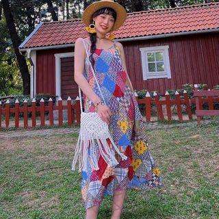 Spaghetti Strap Print Midi Sundress / Knit Fringed Camisole Top
