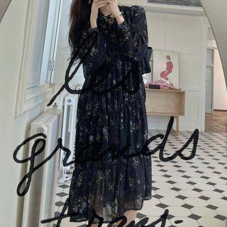 Long-sleeve Tiered Chiffon Midi Dress