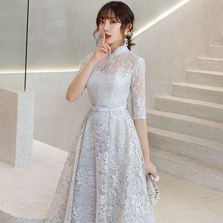 Lace Elbow-sleeve Midi A-line Cocktail Dress