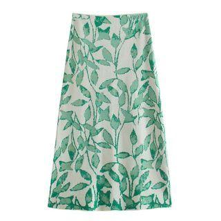 Leaf Print Knit Midi A-line Skirt