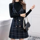 Plain Long-sleeve T-shirt / Plaid Mini Pinafore Dress / Set