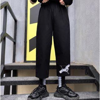 Embroidered Crane Straight-cut Pants