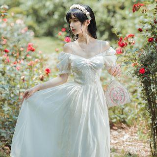 Off Shoulder Plain Midi A-line Dress