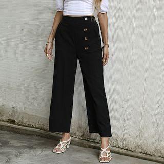 Button Accent Cropped Wide Leg Pants
