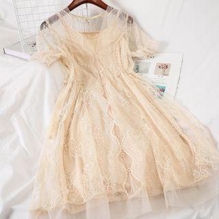 Set: Short-sleeve Mesh Panel Mini A-line Dress + Slipdress