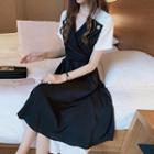 Color Block Tie-waist Short-sleeve A-line Dress