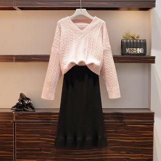 V-neck Cable Knit Sweater / A-line Midi Knit Skirt / Set