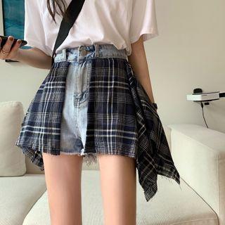 Plaid Panel High-waist Denim Shorts