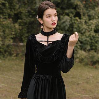 Long-sleeve Cutout Midi A-line Velvet Dress