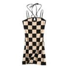 Spaghetti Strap Checkered Knit Mini Sheath Dress