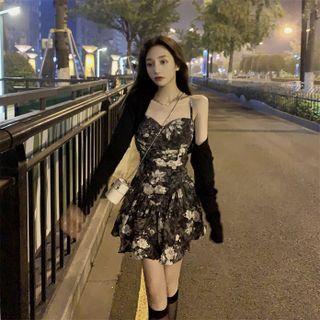 Spaghetti Strap Floral Print Mini Dress / Shrug