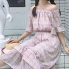 Color-block Check Off-shoulder Dress