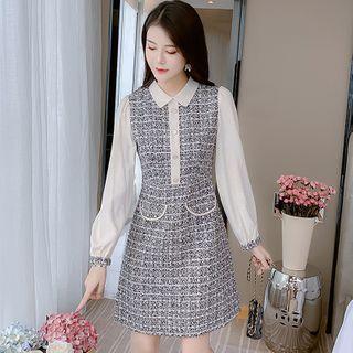 Puff-sleeve Tweed Panel A-line Dress