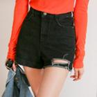 Distressed Asymmetric Cuff-hem Denim Shorts