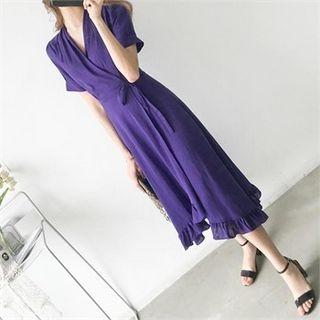 Frilled Linen Blend Surplice-wrap Dress
