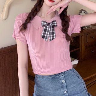 Collared Bow Knit Crop Top