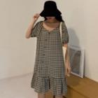 Plaid Short-sleeve Ruffle Hem Mini A-line Dress