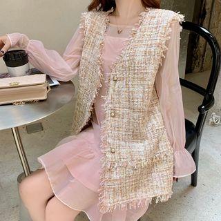 Bell-sleeve Ruffled Plain Dress / Sleeveless Frayed Tweed Vest