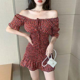 Flower Print Off-shoulder Mini A-line Dress As Shown In Figure - One Size